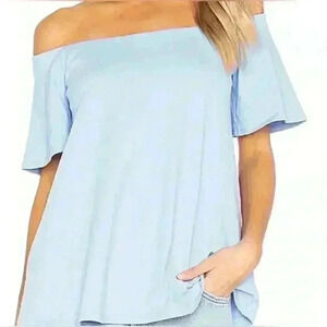 Susana Monaco Light Blue Off Shoulder Swing Short Sleeve Top Size Small EUC